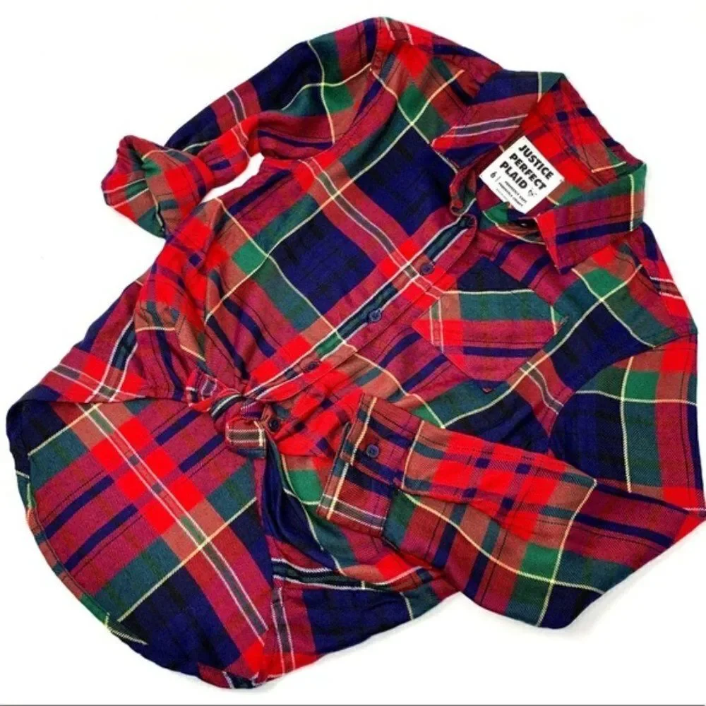 Justice “Perfect Plaid” Women's Red & Blue Flannel Long Sleeve Button Down Shirt